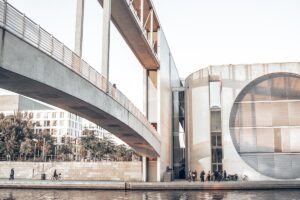 Aesthetic picture of modern architecture by a river