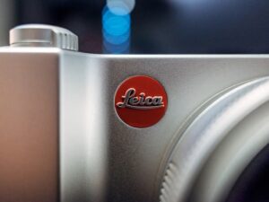 Closeup of Leica logo on a camera