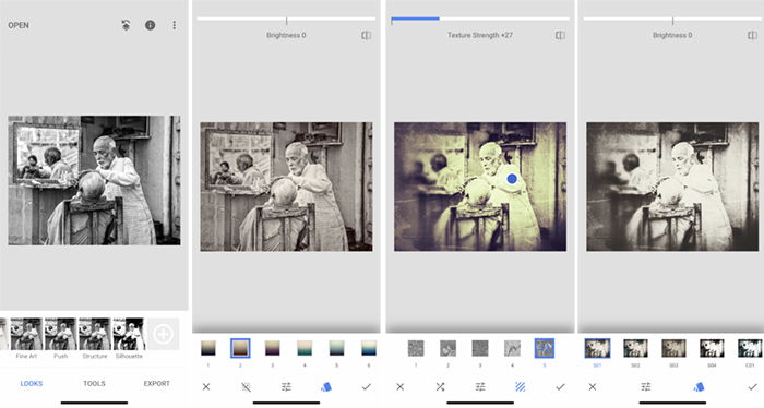 Screenshots make a photo black and white Snapseed app Indian barber