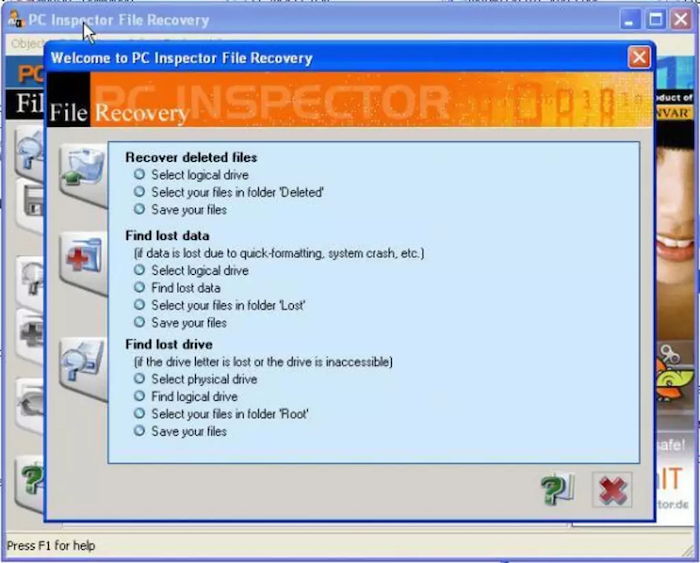 Screenshot of PC Inspector, a free File Recovery software's interface