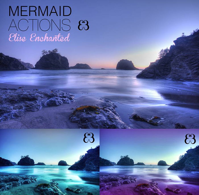 Triptych showing the different color effects of a free Photoshop action on a waterscape