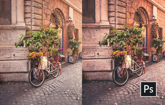 A before-and-after image of a bicycle, plants, and old building and street with a warm analog Photoshop action effect