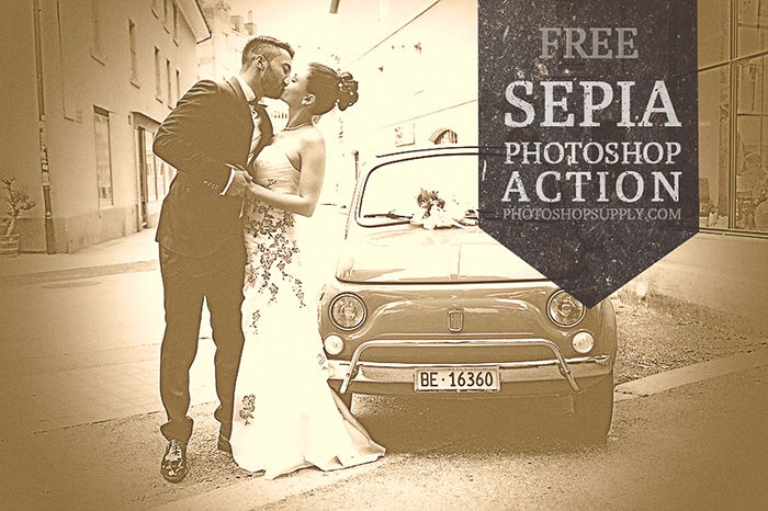 A screenshot of a sepia Photoshop action graphic with a bride and groom kissing beside a car