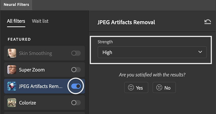 Photoshop screenshot of neural filter jpeg artifacts removal