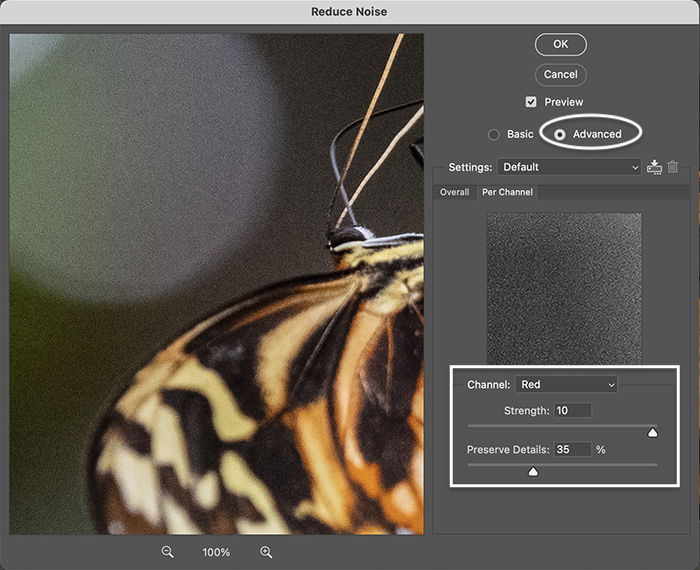 Photoshop screenshot Reduce Noise filter advanced