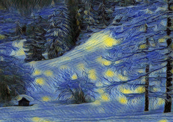 Snowy landscape after turning it into a Vincent van Gogh style painting