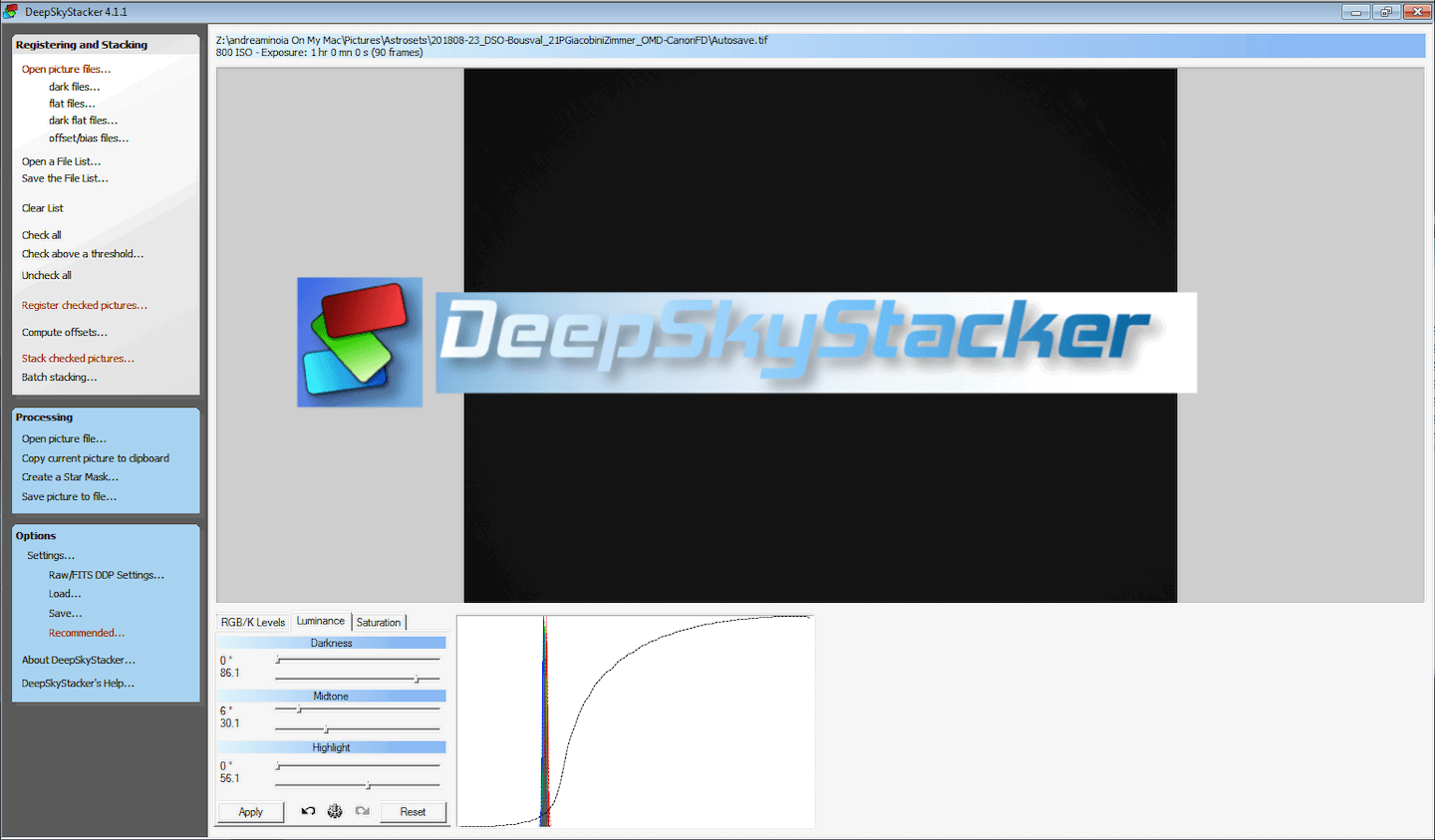 Screenshot of DeepSkyStacker program used to edit astrophotography photos