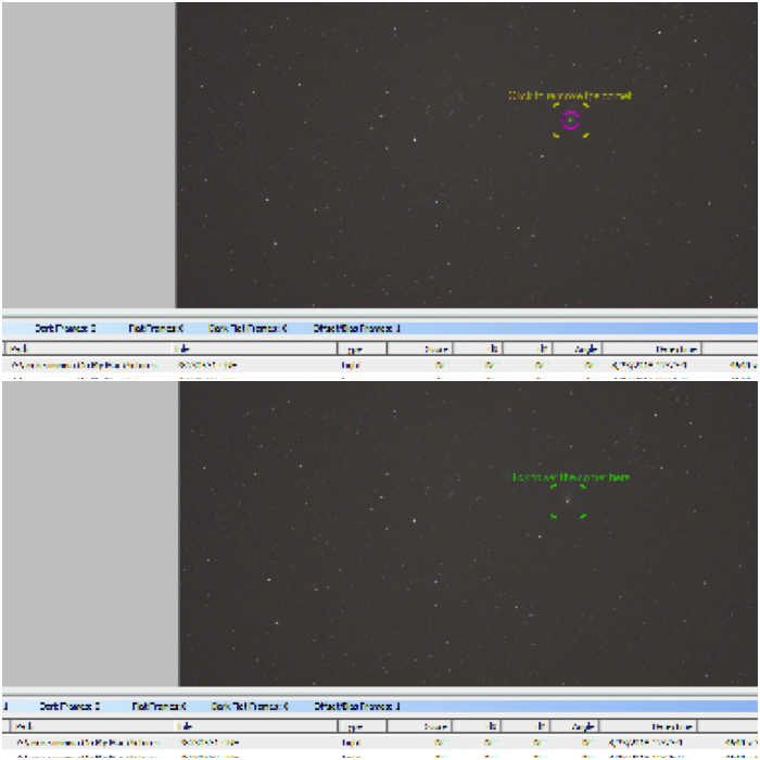 A pink circle (top) shows where the comet was located in the previous image. Click on the comet to deselect the old position (the cursor becomes green) and click again on the center of the comet to select the new position (bottom). Save and move to the next image.