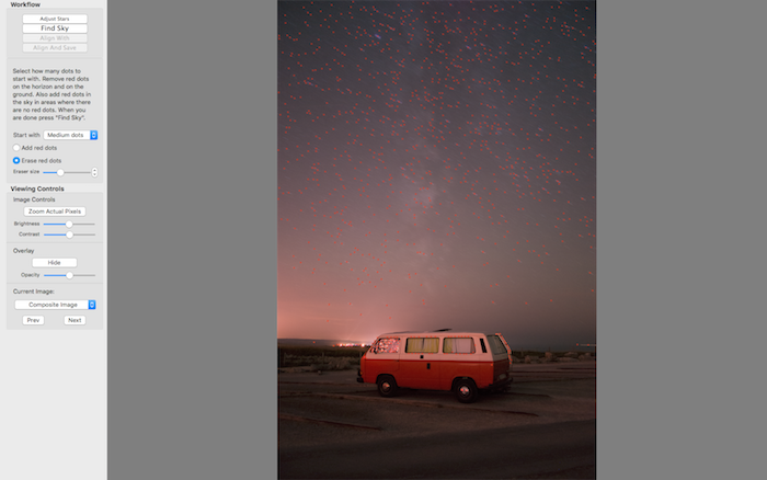 Starry Landscape Stacker red dots are placed in the sky