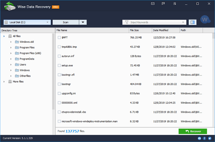 Screenshot of Wise Data Recovery software interface