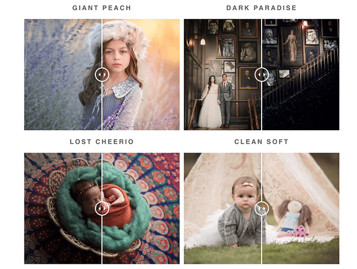 Screenshot showing effects of four free Photoshop actions with portrait, wedding, and newborn photos