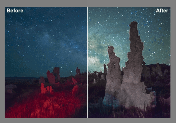 astrophotography diptych before and after editing with Gavin Hardcastle’s Milky Way Lightroom Presets