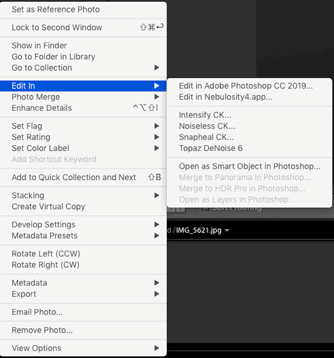 A screenshot showing how to edit Your Image Outside Lightroom - edit in panel