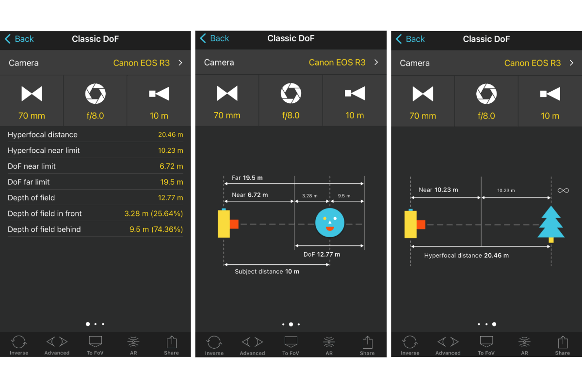 Screenshots from the Photo Pills app calculation depth of field for a Canon EOS R3 with a lens at an 85mm focal length