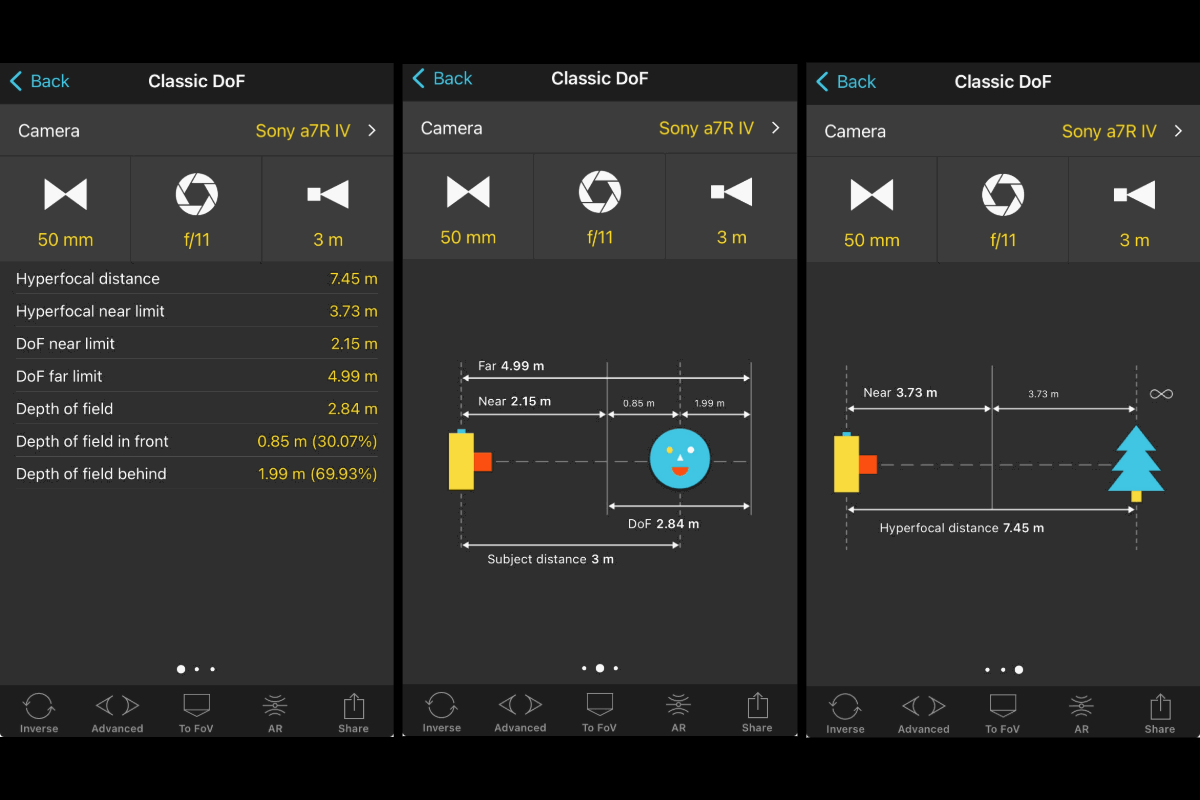 Three screenshots of the Photo Pills app calculating depth of field